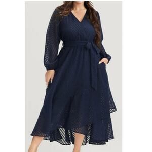 BloomChic Navy Geometric Wrap with Tie Midi Long Sleeve Dress NWT Size 26 4X